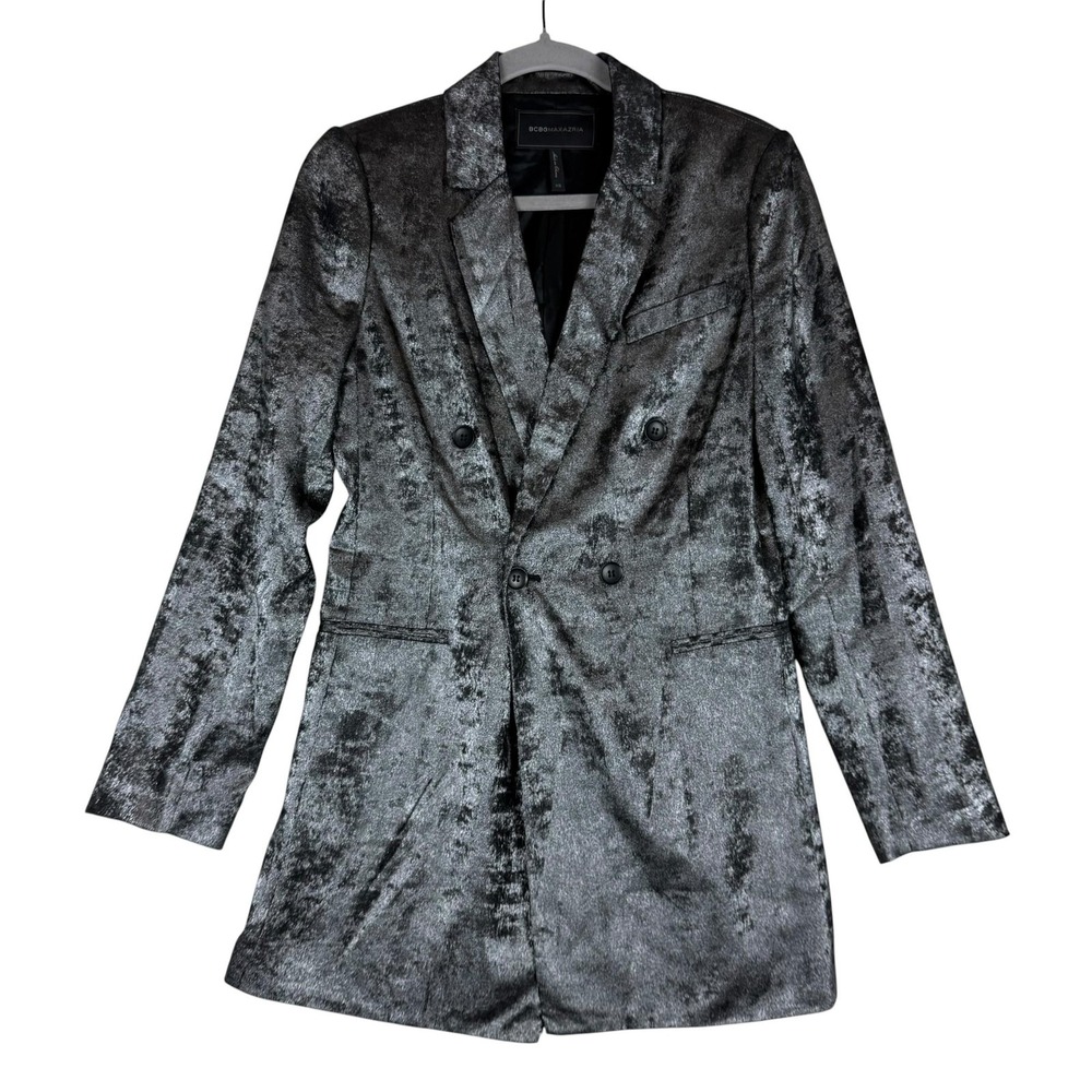 BCBGMAXAZRIA Blazer Womens XS Silver Metallic Tuxedo Double Breasted Lined